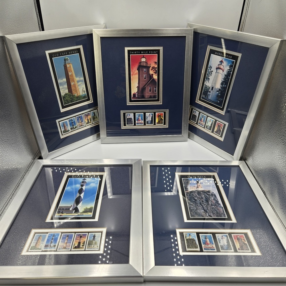 Set Of 5 Framed Lighthouse Art Picture USPS Stamps Coastal Marblehead Split Rock